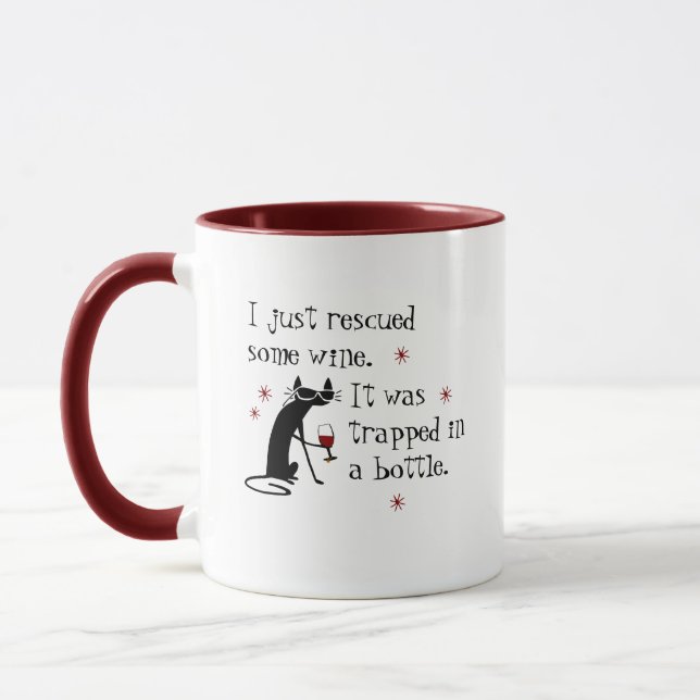 Rescued Some Wine Funny Quote with Black Cat Mug (Left)
