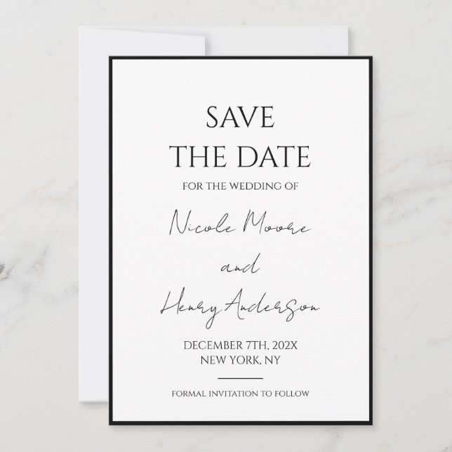 Reserve the Minimalist White And Black Wedding Dat Save The Date (Front)