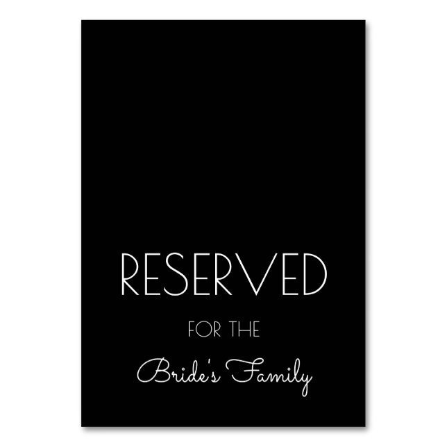 Reserved Black and White Wedding Table Signs Table Number (Front)
