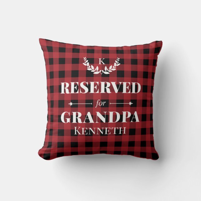 Reserved For Grandpa Red Buffalo Check Monogram Throw Pillow (Front)