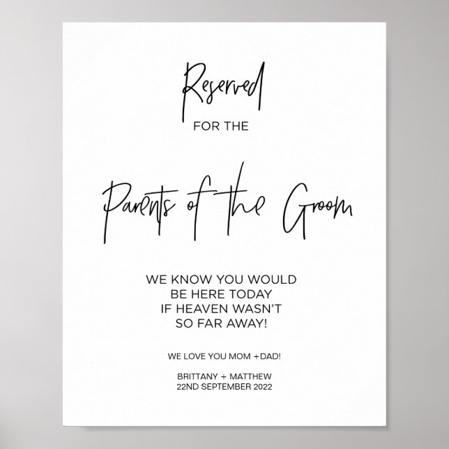 Reserved for Parents of the Groom In Loving Memory Poster (Front)