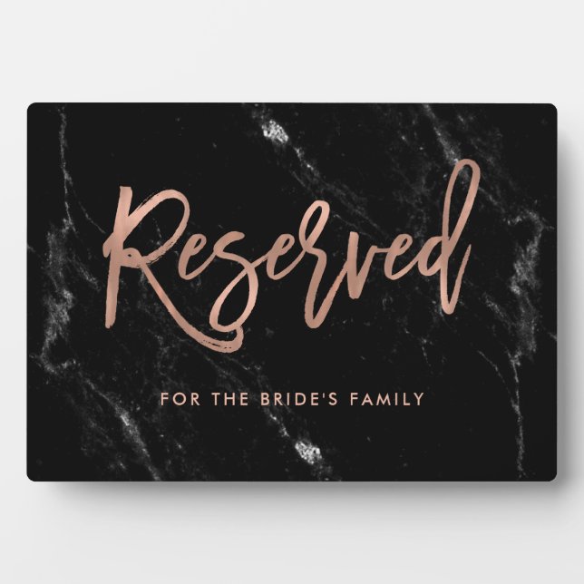 Reserved | Rose Gold Script Black Marble Wedding Plaque (Front)