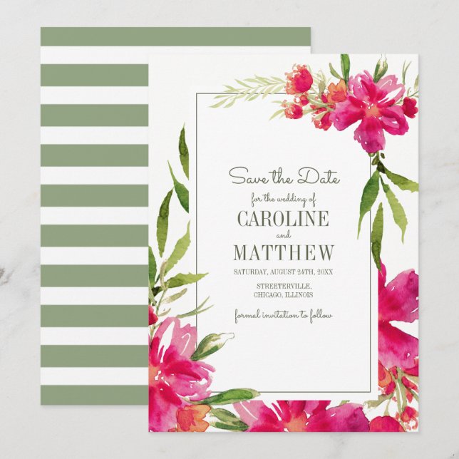 Réservez la date. Carte Fuchsia Green Floral Maria (Devant / Derrière)