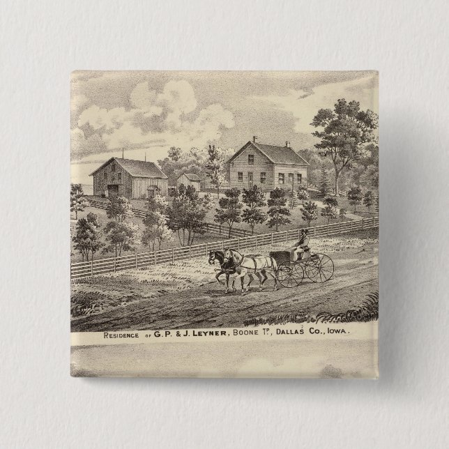 Residence of GP & J Leyner, Boone Tp 2 Inch Square Button (Front)