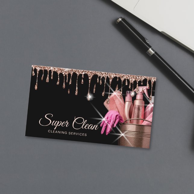 Residential Commercial House Cleaning Housekeeping Business Card (cleaning bucket full of cleaning tools, hot pink color on black background)