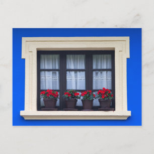 Residential housing with flowers in windows postcard