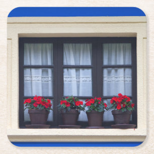 Residential housing with flowers in windows square paper coaster