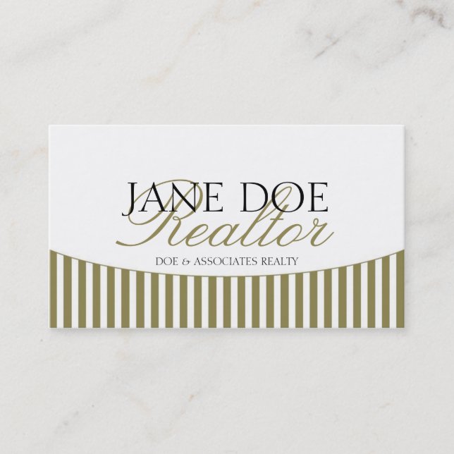 Residential Realtor Gold Script Stripes White Business Card (Front)