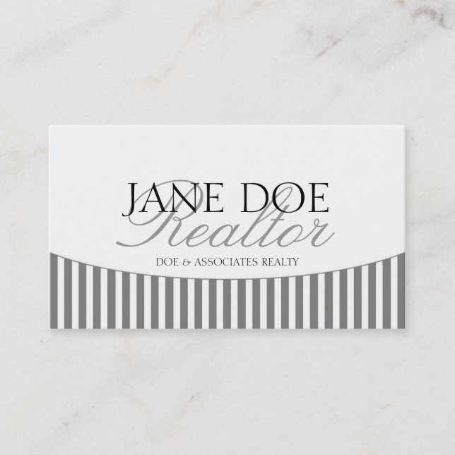 Residential Realtor Silver Script Stripes White Business Card (Front)