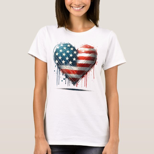 Resilient American Heart – Distressed Flag Design T-Shirt (Front)