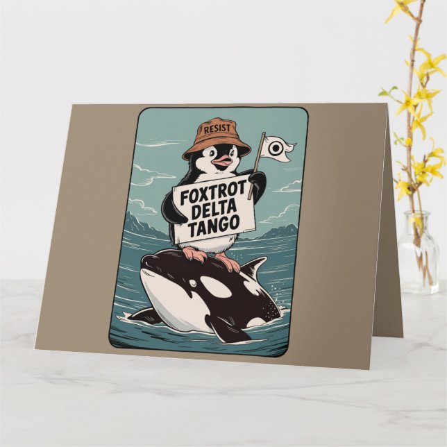 Resist Penguin Activism Vintage Protest  Card (Yellow Flower)