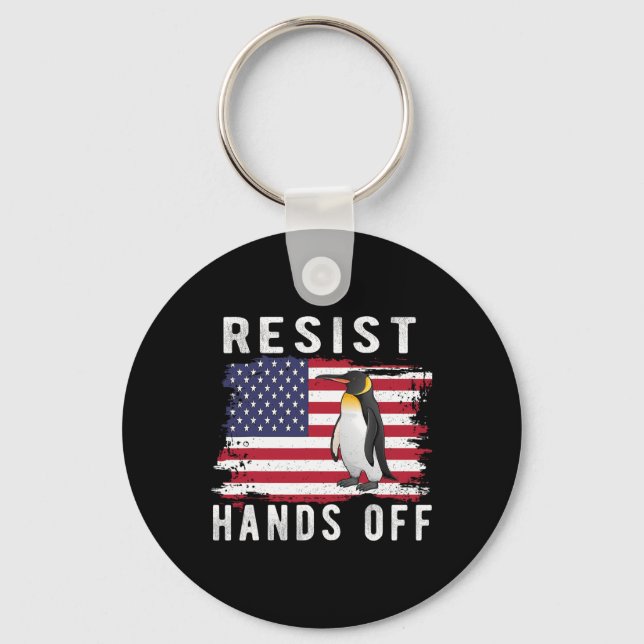 Resist Penguin Hands Off Funny Us Flag  Keychain (Front)