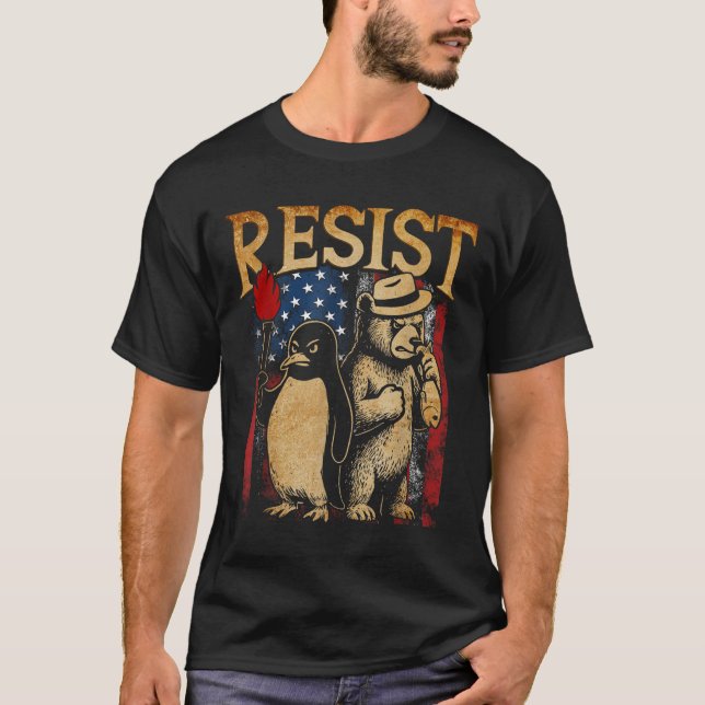 Resist Penguins And Bear Resist Protest  T-Shirt (Front)