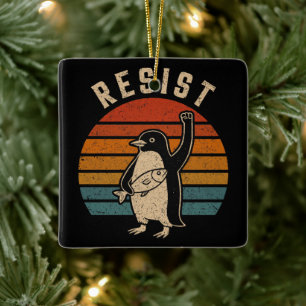 Resist Penguins Protest Against Tariffs Ceramic Ornament