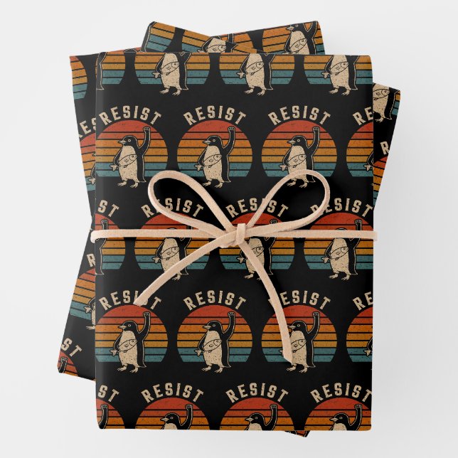 Resist Penguins Protest Against Tariffs Wrapping Paper Sheet (In situ)