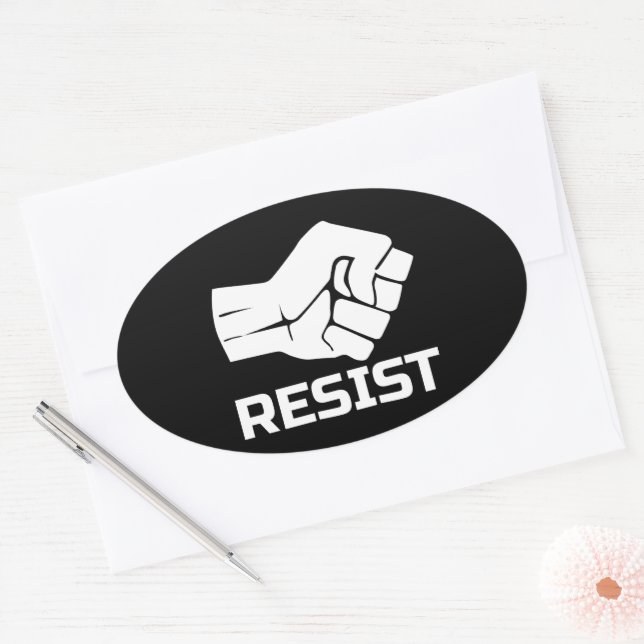 Resist with fist - in white 0002 oval sticker (Envelope)