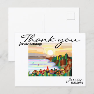 Resort, sea coast, sailboats postcard