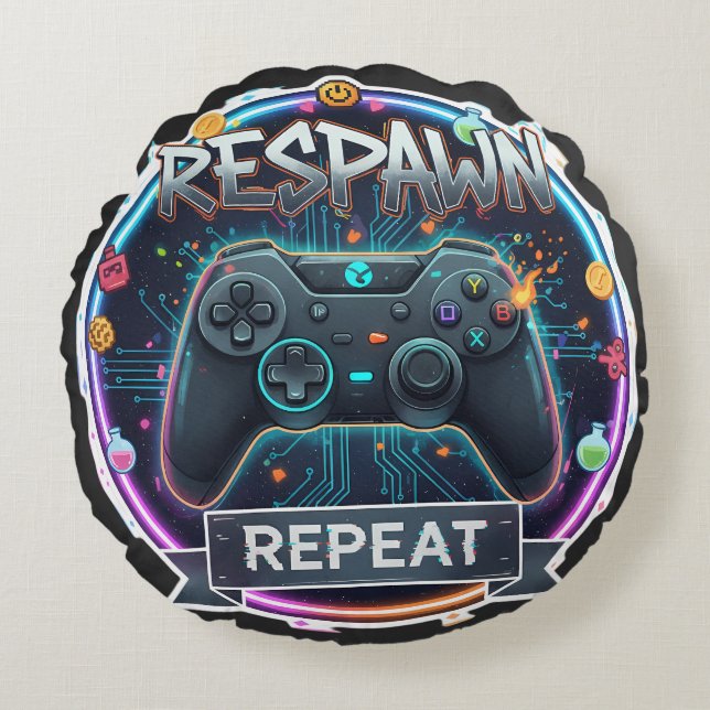 Respawn and Repeat Gamer Controller Round Pillow (Front)