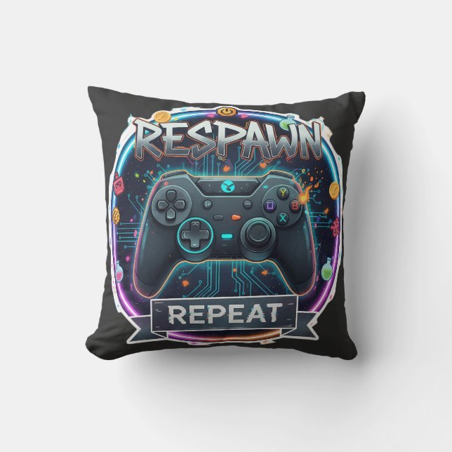 Respawn and Repeat Gamer Controller Throw Pillow (Front)