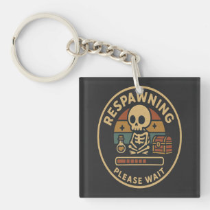 Respawning Please Wait-Retro Gamer Skeleton Emblem Keychain