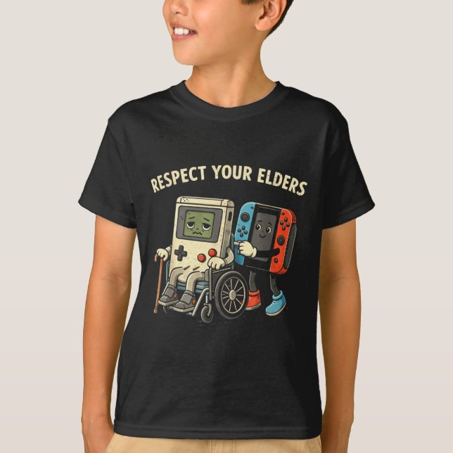 Respect elders retro gaming funny gamer controller T-Shirt (Front)