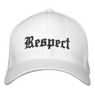 Respect hat in white with black letters.