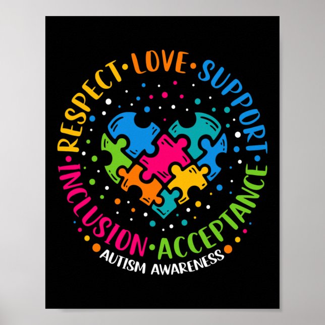 Respect Love Support Inclusion Heart Puzzle Autism Poster (Front)