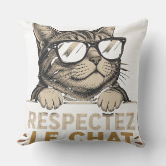 Respect the Cat – Illustrated Cat with Glasses Outdoor Pillow