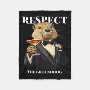 Respect The Groundhog Funny Ground Hog In Tuxedo Fleece Blanket