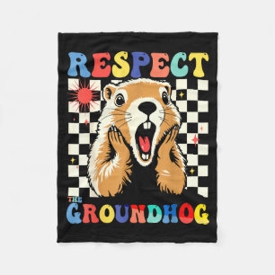 Respect The Groundhog Funny Woodchuck Kids Retro B Fleece Blanket