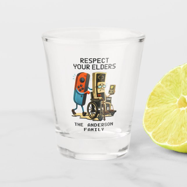 Respect Your Elders Gaming Control Retro Funny Shot Glass (Front)