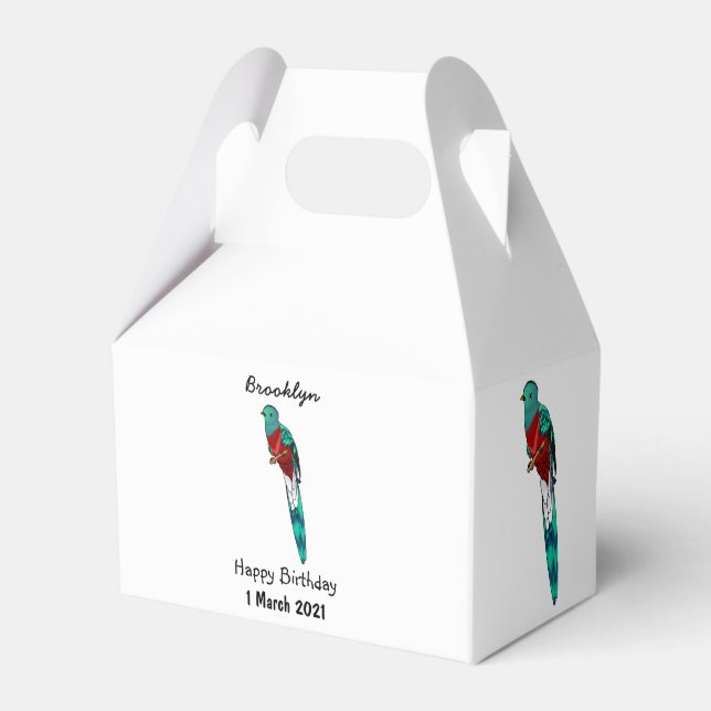 Resplendent quetzal bird cartoon illustration favor box (Front Side)