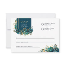 Response card turquoise flowers with gold accents