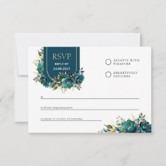 Response card turquoise flowers with gold accents
