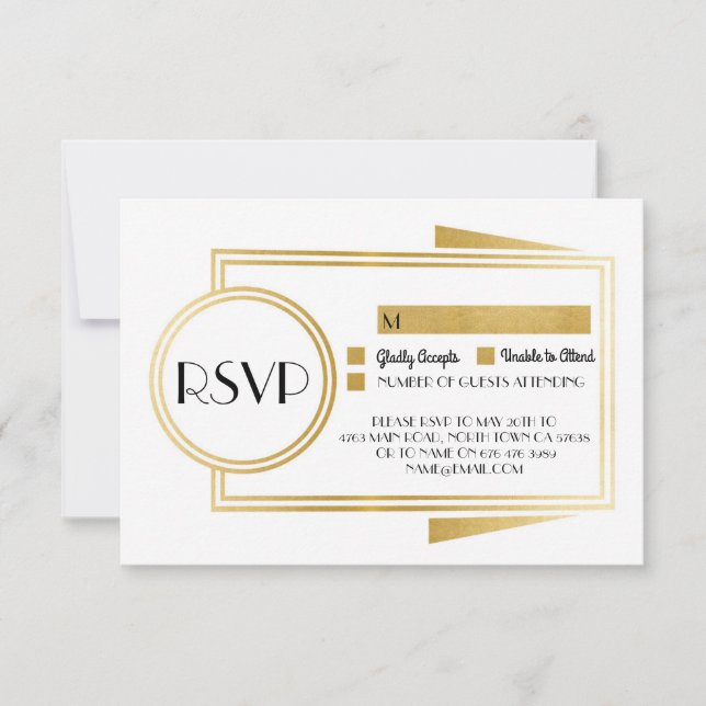 Response Cards Art Deco RSVP 1920's Gold White (Front)