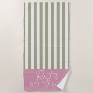 'Rest & Recharge' Green & Beige Striped Modern Beach Towel