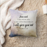 Rest Scripture Throw Pillow<br><div class="desc">This elegant throw pillow has a colour pallet of light blue and purple, cream and deep blue to fit your home décor. It features Jesus' own words reminding us to rest. Each line is easily customizable. It makes a perfect gift to someone you know who needs to be reminded to...</div>