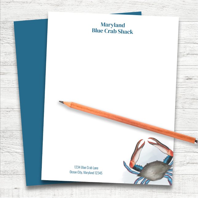 Restaurant Blue Crab Business Custom Letterhead (Blue Crab Personalized Stationery Letterhead.)