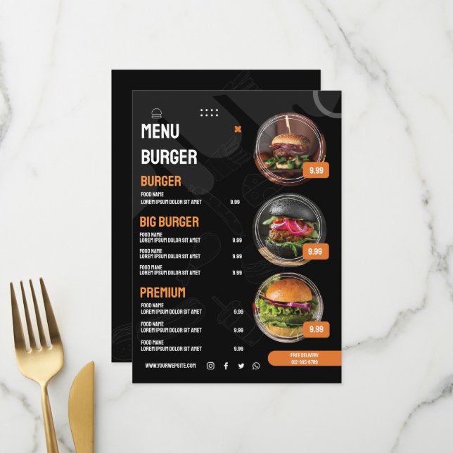 Restaurant Burger Noir Élégant Menu Invitation (Devant/Arrière en situation)