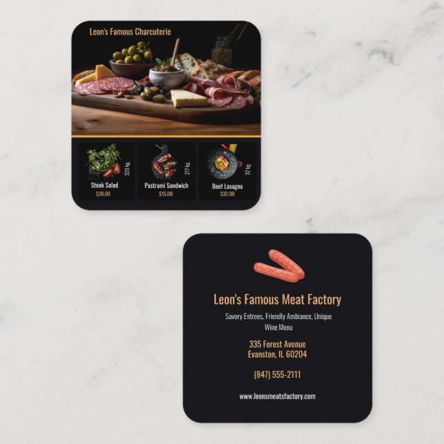restaurant business card featuring entrees (Front/Back)
