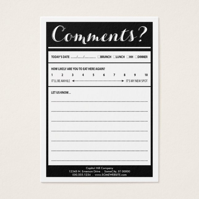 restaurant comment card with logo (Front)