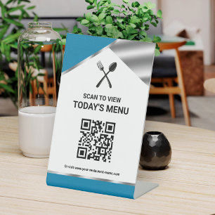 Restaurant Contactless QR Code Blue Menu Pedestal Sign