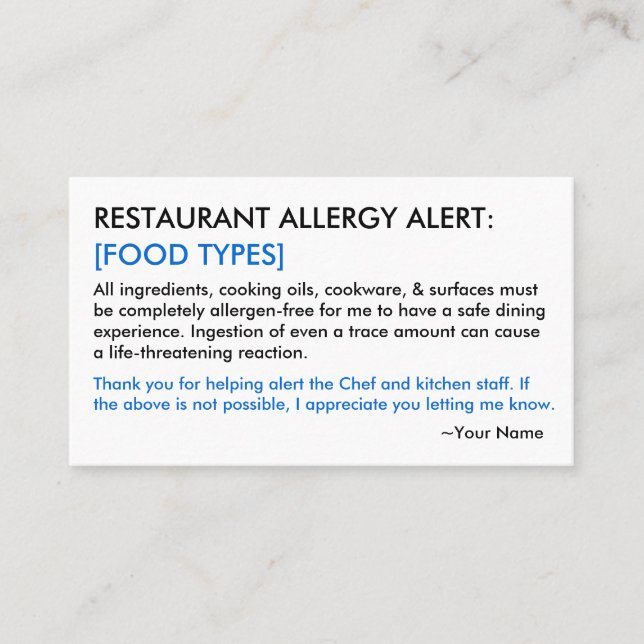 Restaurant d'allergie alimentaire et carte ICE (Devant)