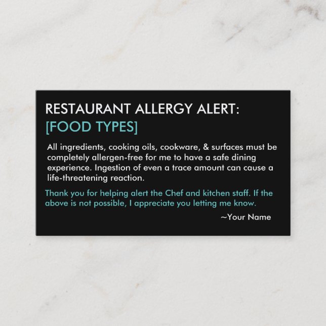 Restaurant d'allergie personnalisé et carte ICE -  (Devant)