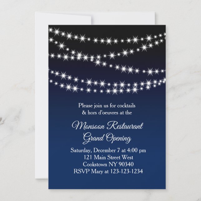 Restaurant Grand Opening Twinkle Lights dark blue Invitation (Front)
