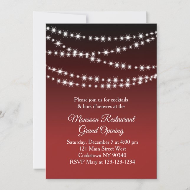 Restaurant Grand Opening Twinkle Lights dark red Invitation (Front)