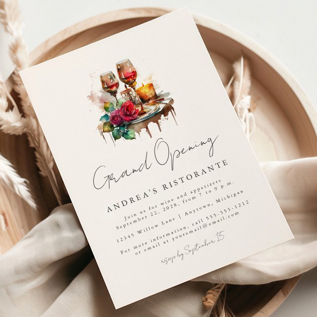 Restaurant Grand Opening Watercolor Wine Glasses Invitation (Creator Uploaded)