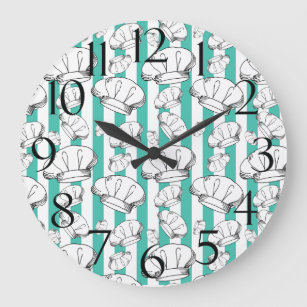 Restaurant Kitchen White Chef Hats Pattern Large Clock