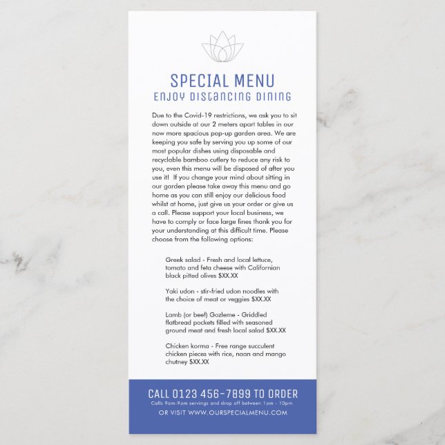 Restaurant menus spéciaux menu restreint bleu clie (Devant)