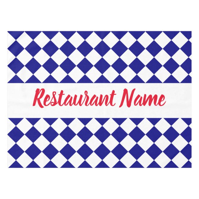 Restaurant Name Dark Blue & White Chequerboard Tablecloth (Front (Horizontal))